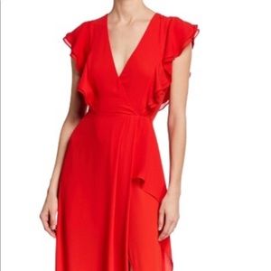Beautiful maxi flowing red dress with ruffles/slit